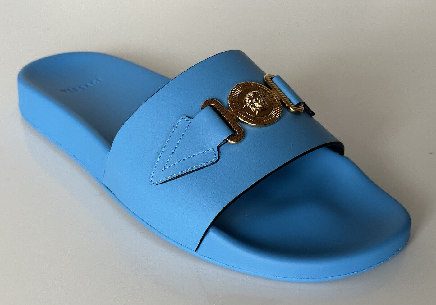 NIB $575 Versace Gold Medusa Leather/Rubber Sandals Blue 11 US (44) 1004983 IT