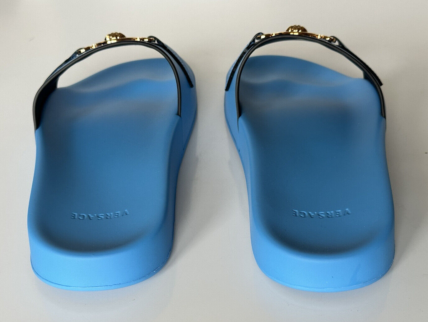 NIB $575 Versace Gold Medusa Leather/Rubber Sandals Blue 11 US (44) 1004983 IT