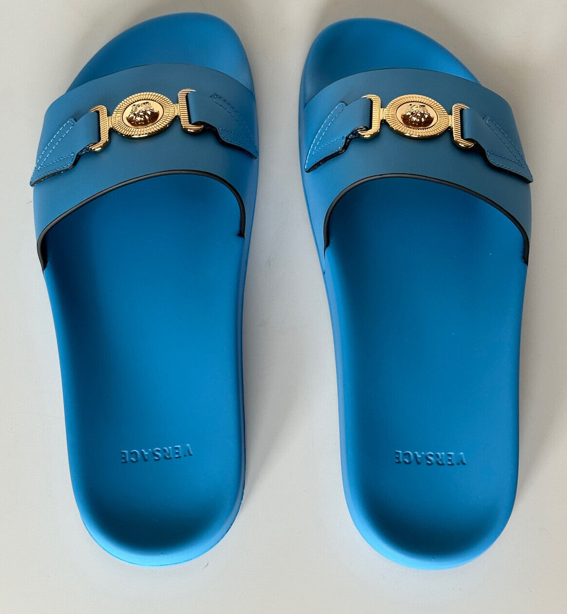 NIB $575 Versace Gold Medusa Leather/Rubber Sandals Blue 11 US (44) 1004983 IT