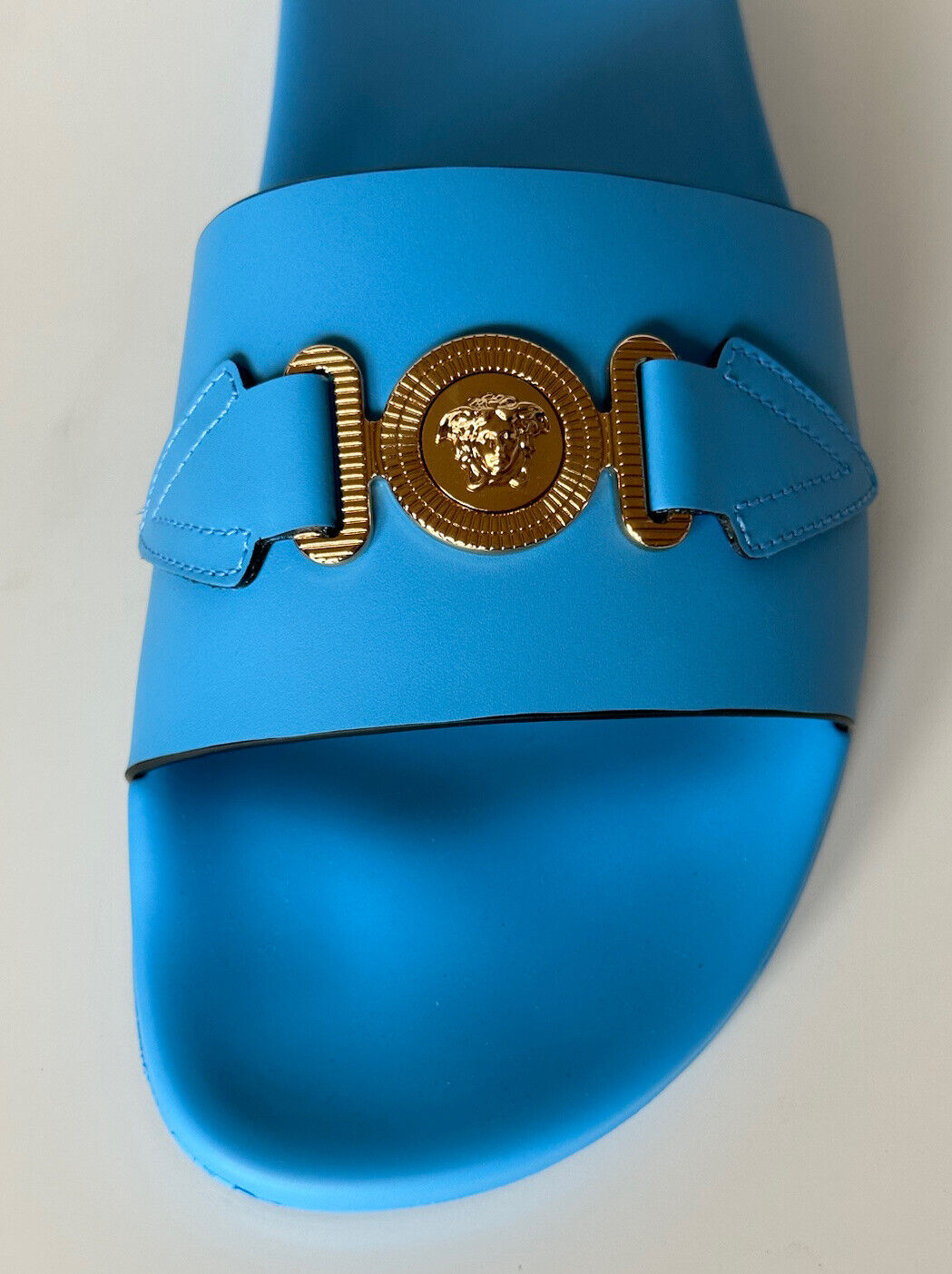 NIB $575 Versace Gold Medusa Leather/Rubber Sandals Blue 12 US (45) 1004983 IT