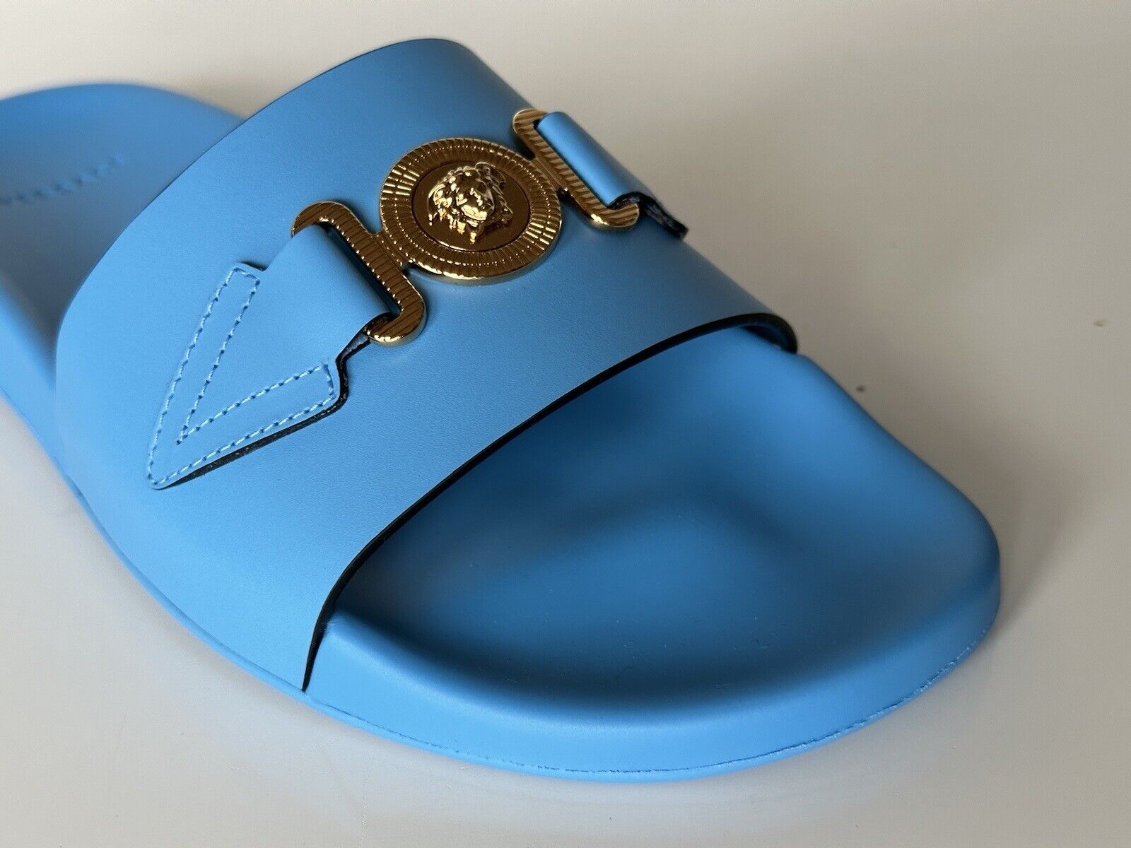 NIB $575 Versace Gold Medusa Leather/Rubber Sandals Blue 12 US (45) 1004983 IT