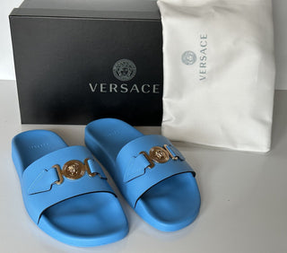NIB 575 долларов США Versace Gold Medusa Кожаные/резиновые сандалии Синие 8,5 (41,5) 1004983 IT