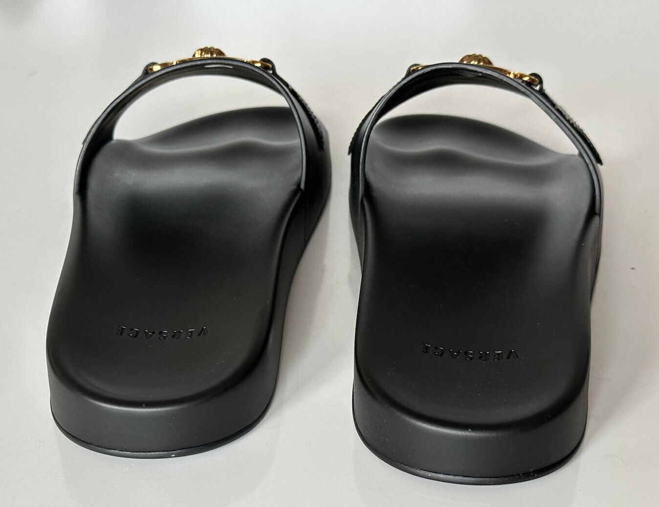 NIB $575 Versace Gold Medusa Leather/Rubber Sandals Black 12 US (45) 1004983 IT