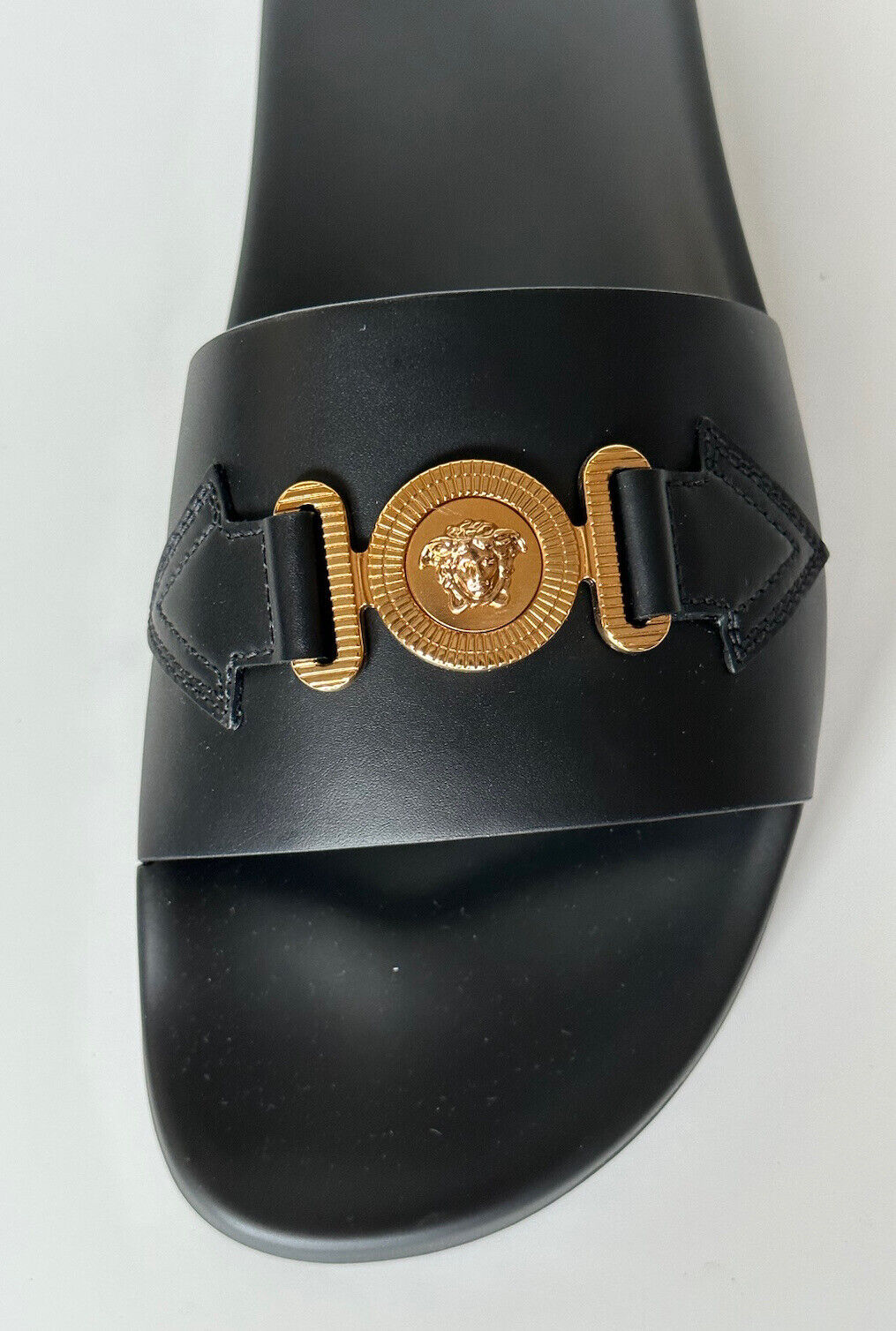 NIB $575 Versace Gold Medusa Leather/Rubber Sandals Black 12 US (45) 1004983 IT