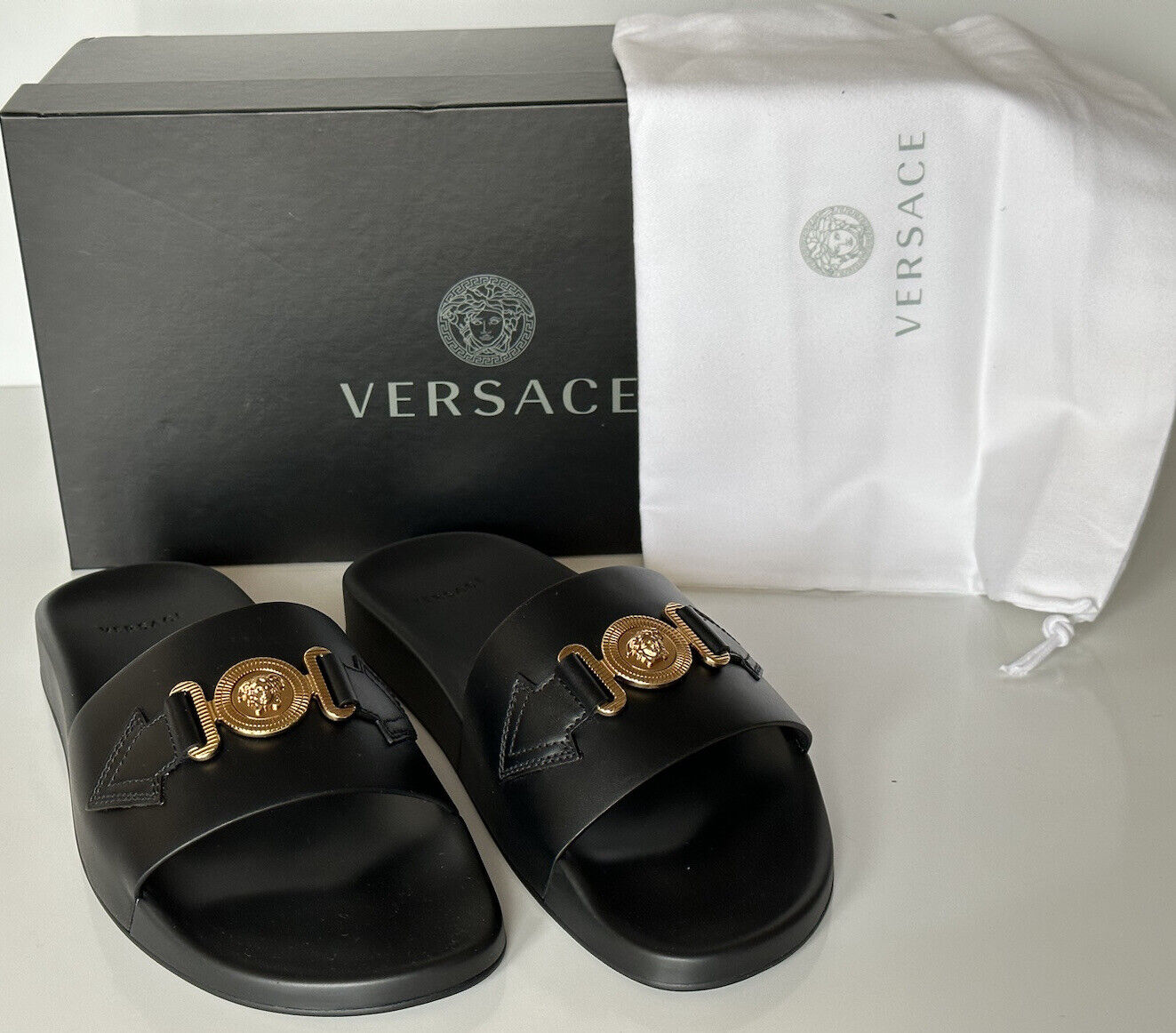 NIB $575 Versace Gold Medusa Leather/Rubber Sandals Black 13 US (46) 1004983 IT