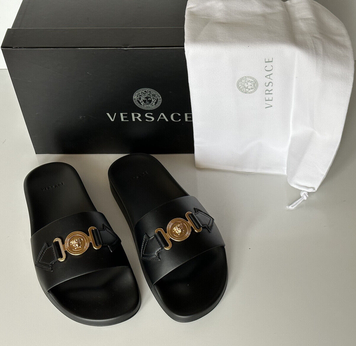 NIB $575 Versace Gold Medusa Leather/Rubber Sandals Black 13 US (46) 1004983 IT