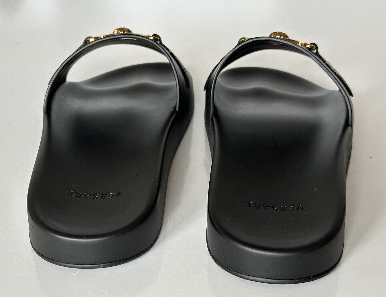 NIB $575 Versace Gold Medusa Leather/Rubber Sandals Black 13 US (46) 1004983 IT