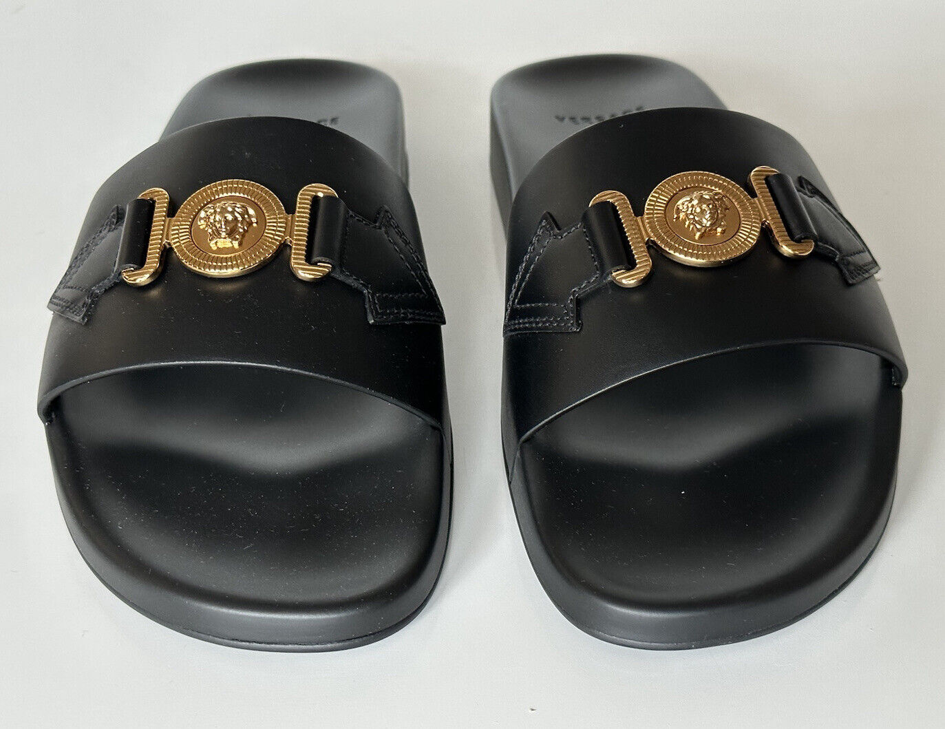 NIB $575 Versace Gold Medusa Leather/Rubber Sandals Black 13 US (46) 1004983 IT