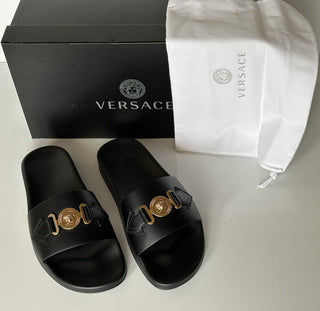 NIB 575 долларов США Versace Gold Medusa Кожаные/резиновые сандалии Черные 13 США (46) 1004983 IT