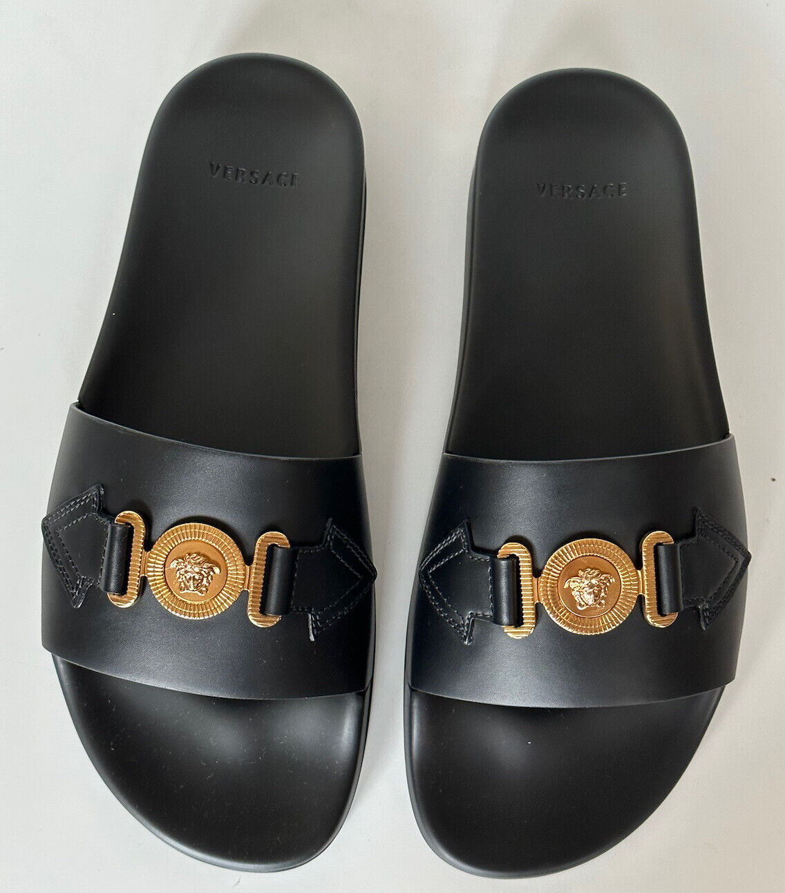 NIB $575 Versace Gold Medusa Leather/Rubber Sandals Black 13 US (46) 1004983 IT