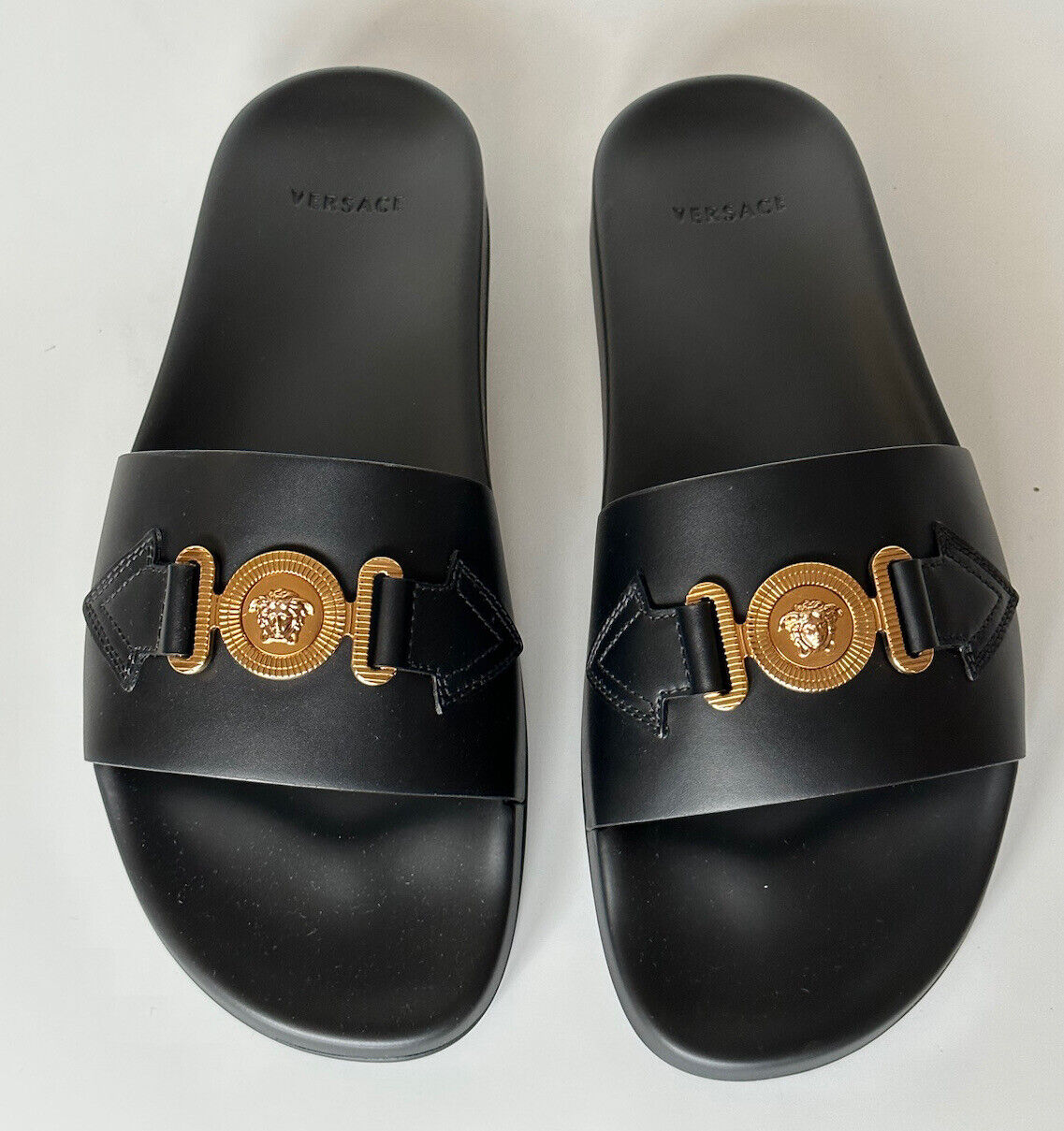 NIB $575 Versace Gold Medusa Leather/Rubber Sandals Black 13 US (46) 1004983 IT