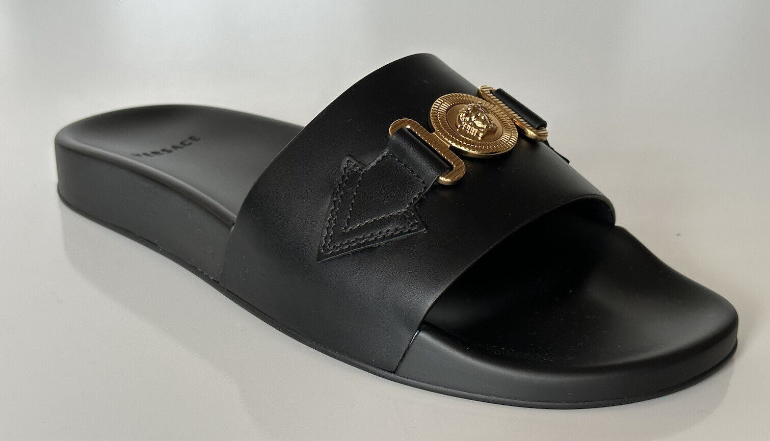 NIB $575 Versace Gold Medusa Leather/Rubber Sandals Black 13 US (46) 1004983 IT