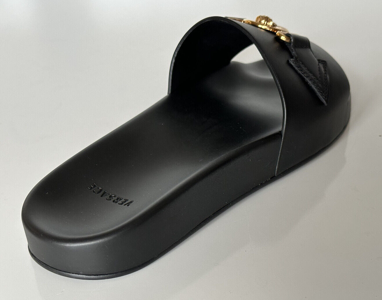 NIB $575 Versace Gold Medusa Leather/Rubber Sandals Black 13 US (46) 1004983 IT