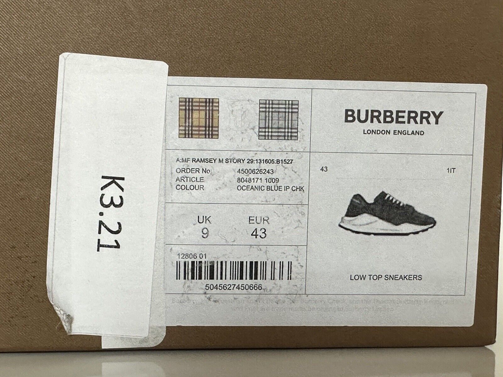 NIB Burberry Ramsey Check Herren-Sneaker in Ozeanblau, 10 US (43 Eu) 8048171 Italien 