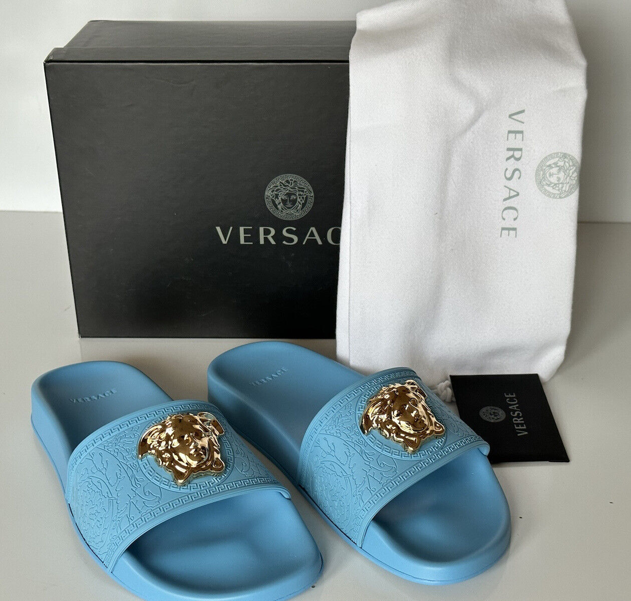 NIB $450 Versace Gold Medusa Head Slides Sandals Sky Blue 8 US (38) 1004190 IT