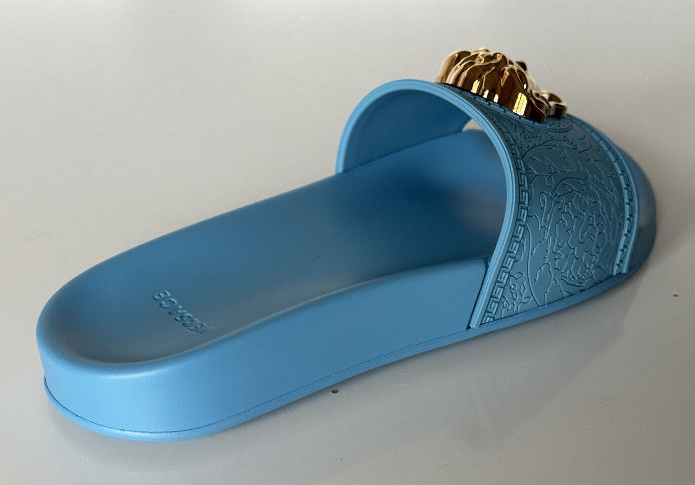 NIB $450 Versace Gold Medusa Head Slides Sandals Sky Blue 8 US (38) 1004190 IT
