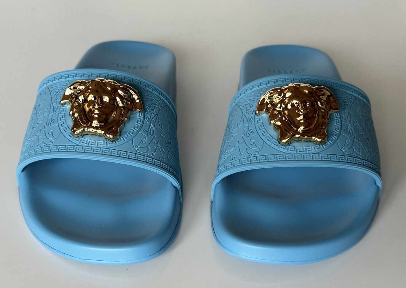 NIB $450 Versace Gold Medusa Head Slides Sandals Sky Blue 9 US (39) 1004190 IT