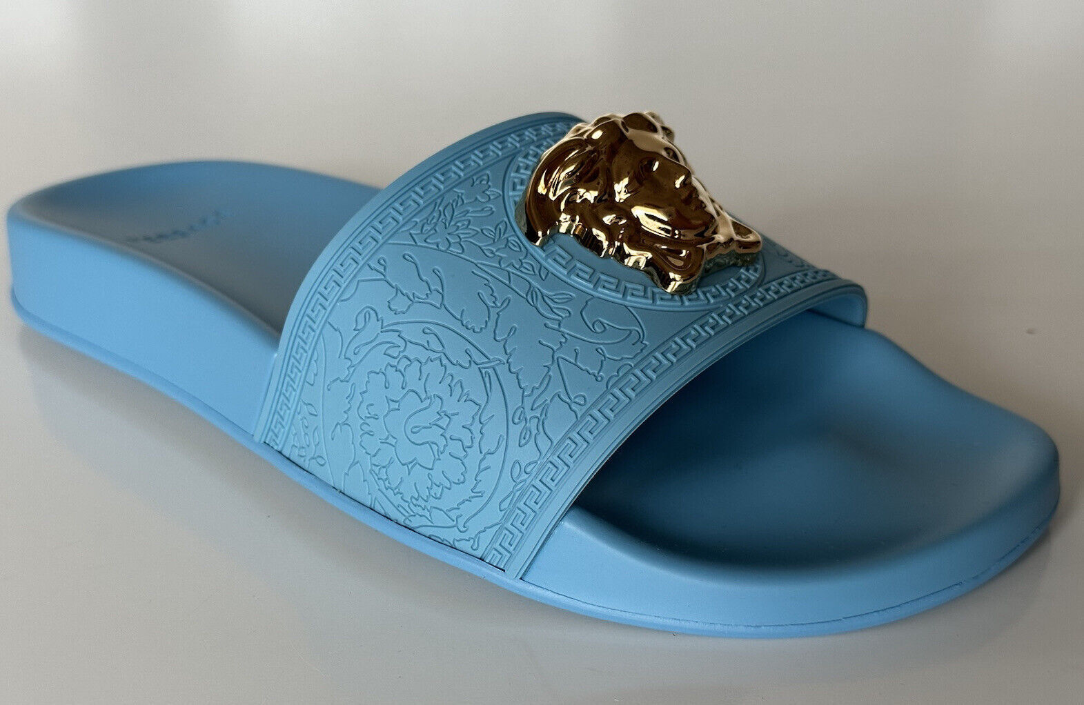 NIB $450 Versace Gold Medusa Head Slides Sandals Sky Blue 9 US (39) 1004190 IT