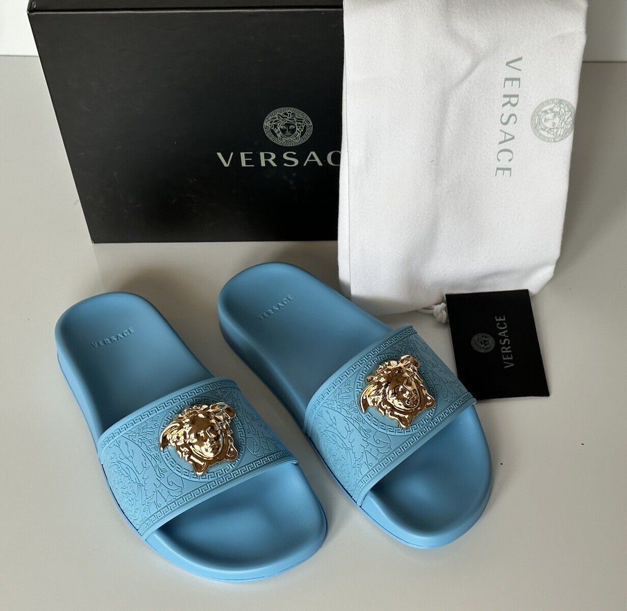 NIB $450 Versace Gold Medusa Head Slides Sandals Sky Blue 11 US (41) 1004190 IT