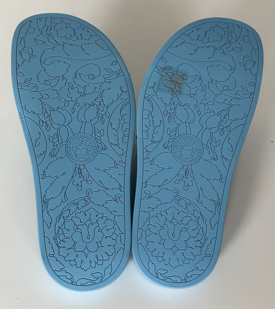 NIB $450 Versace Gold Medusa Head Slides Sandals Sky Blue 11 US (41) 1004190 IT