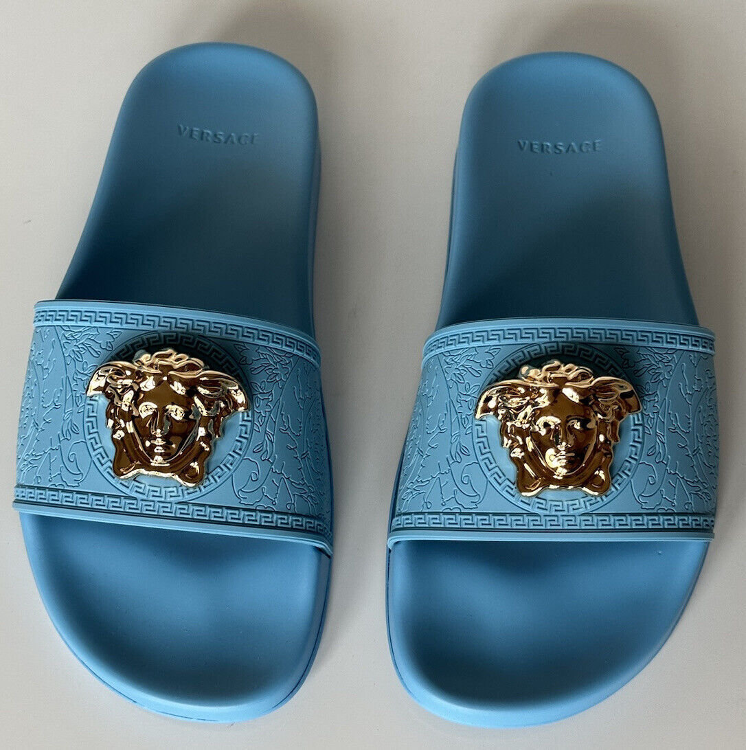 NIB $450 Versace Gold Medusa Head Slides Sandals Sky Blue 11 US (41) 1004190 IT