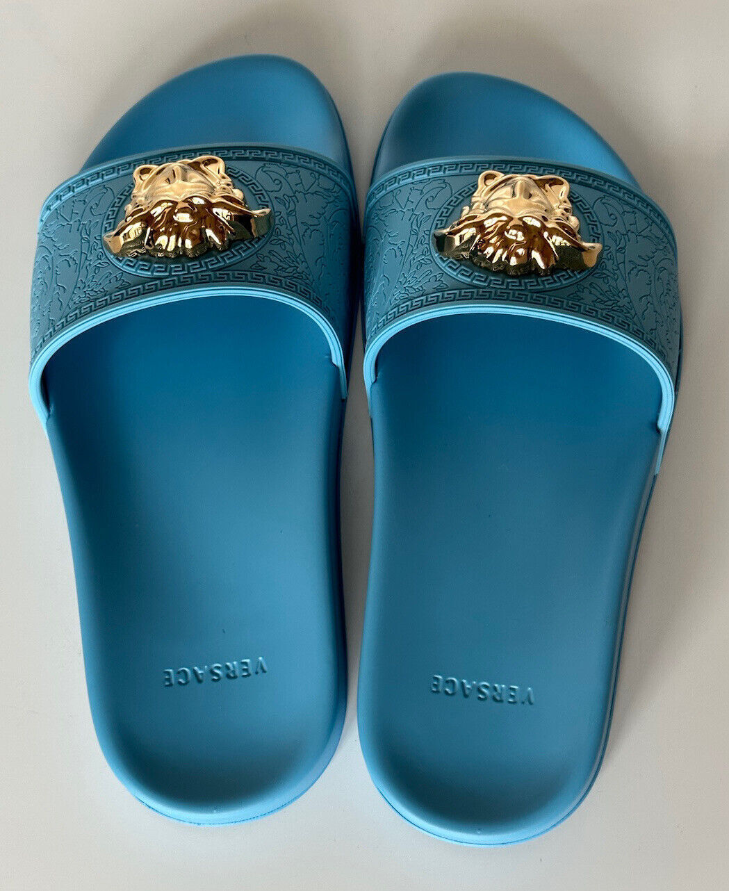 NIB $450 Versace Gold Medusa Head Slides Sandals Sky Blue 11 US (41) 1004190 IT