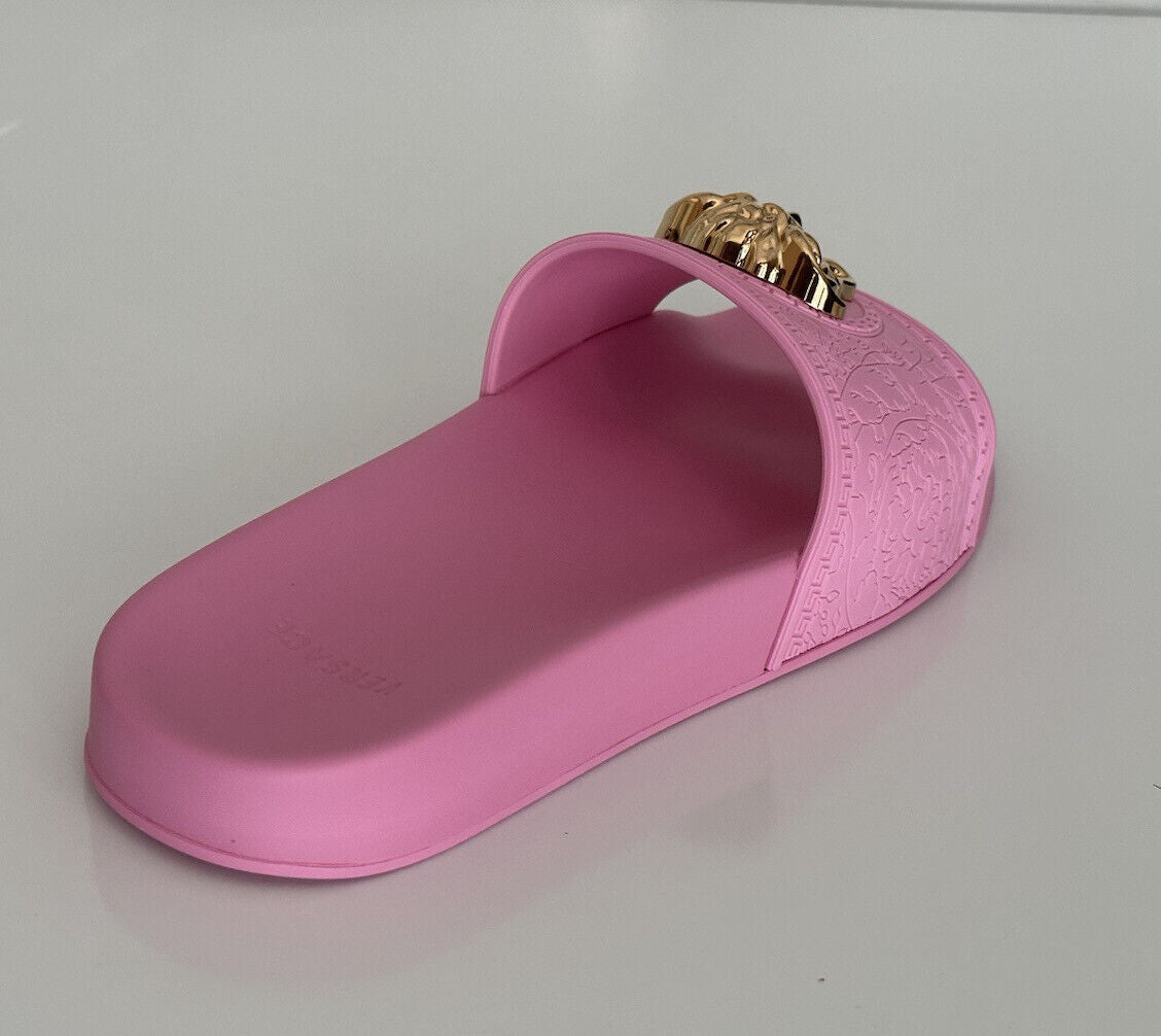 NIB $450 Versace Gold Medusa Head Slides Sandals Flamingo Pink 10.5 40.5 1004190