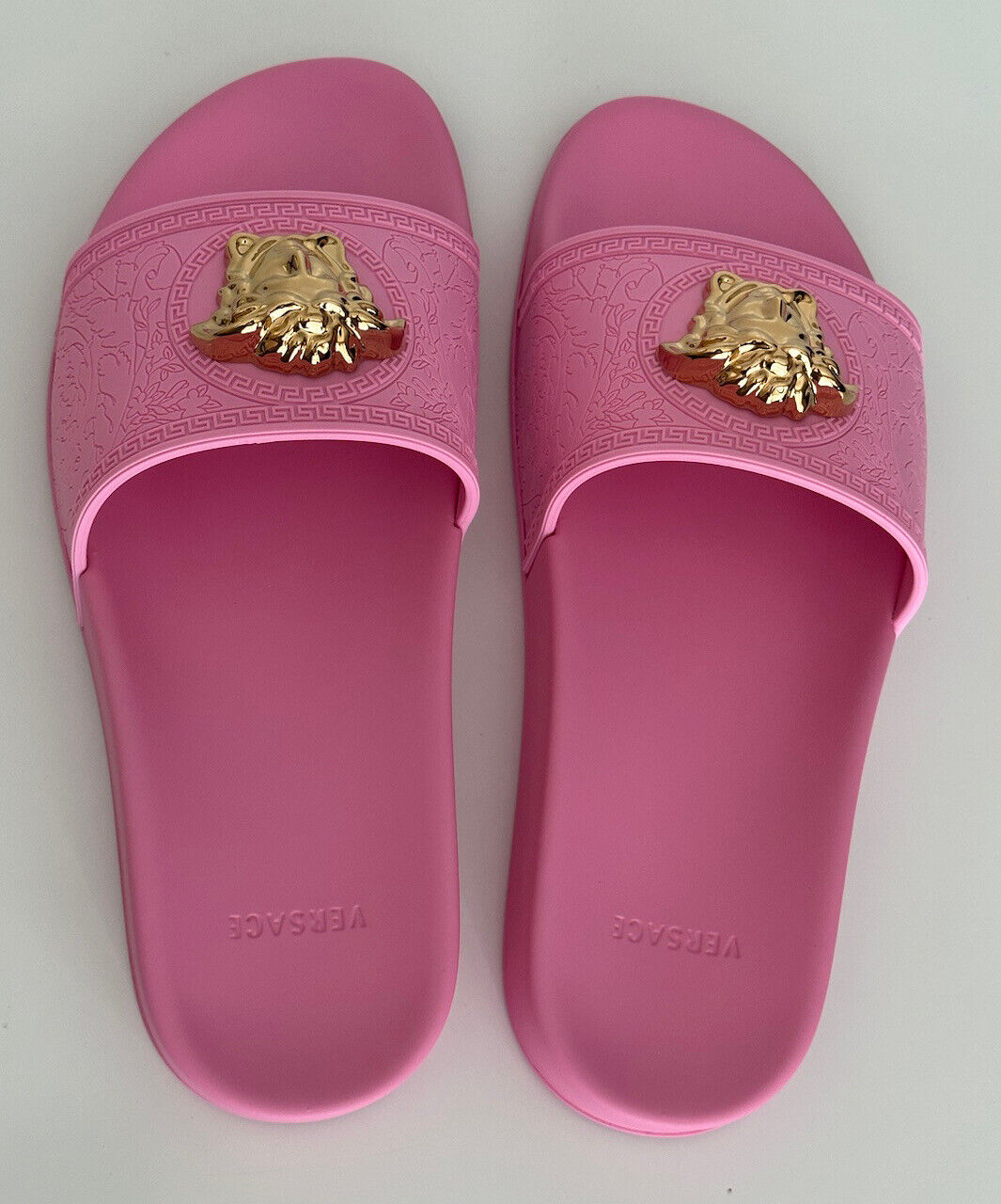 NIB $450 Versace Gold Medusa Head Slides Sandals Flamingo Pink 10.5 40.5 1004190