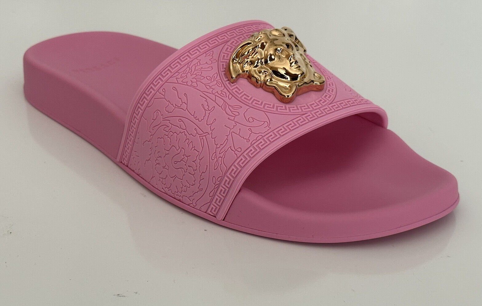 NIB $450 Versace Gold Medusa Head Slides Sandals Flamingo Pink 10.5 40.5 1004190