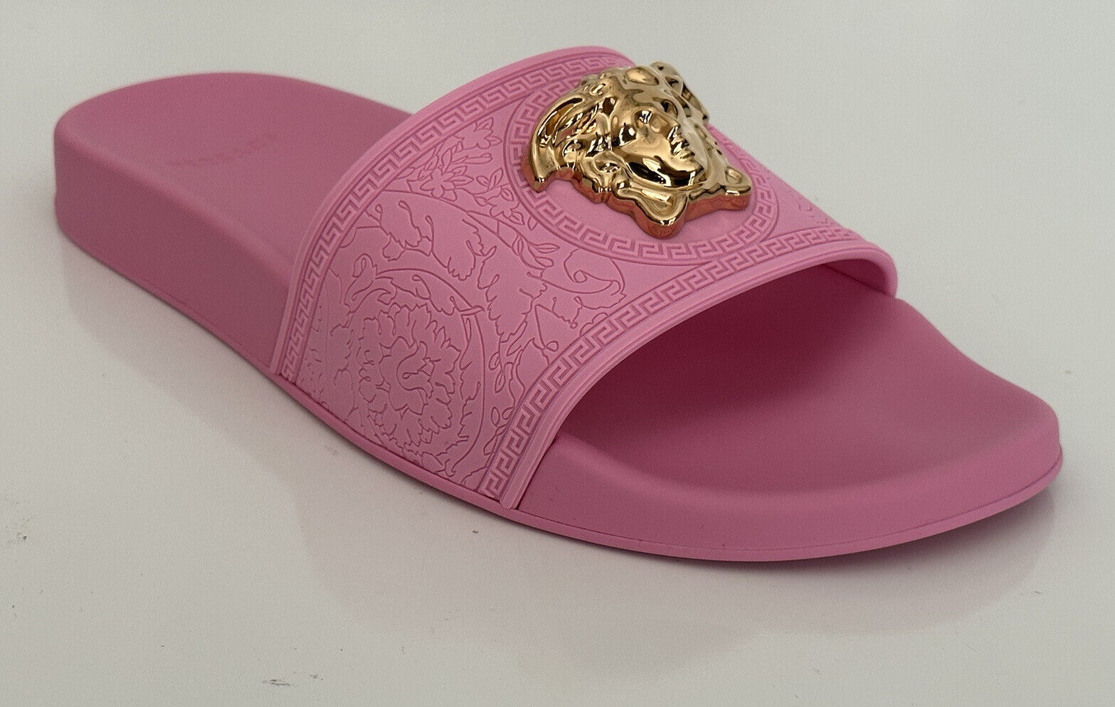 NIB 450 $ Versace Gold Medusa Head Slides Sandalen Flamingo Pink 10,5 40,5 1004190 