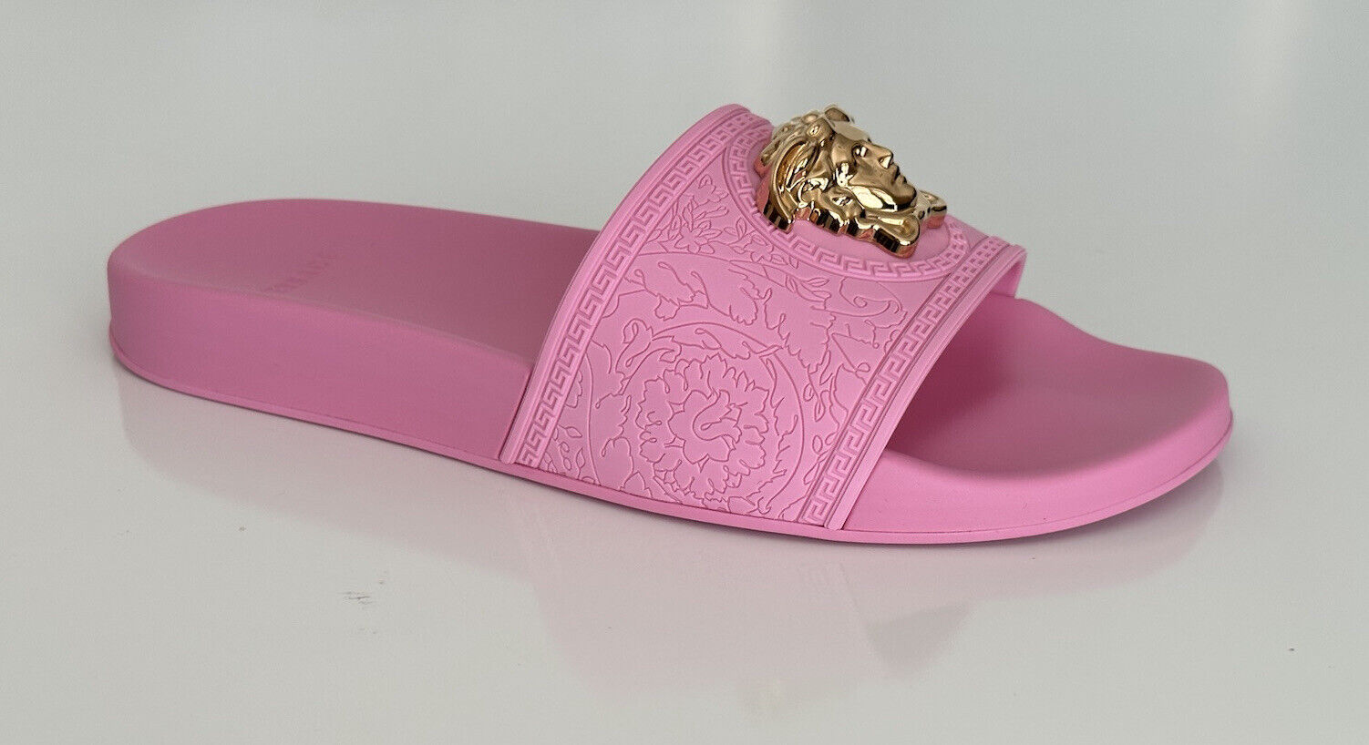 NIB 450 $ Versace Gold Medusa Head Slides Sandalen Flamingo Pink 10,5 40,5 1004190 