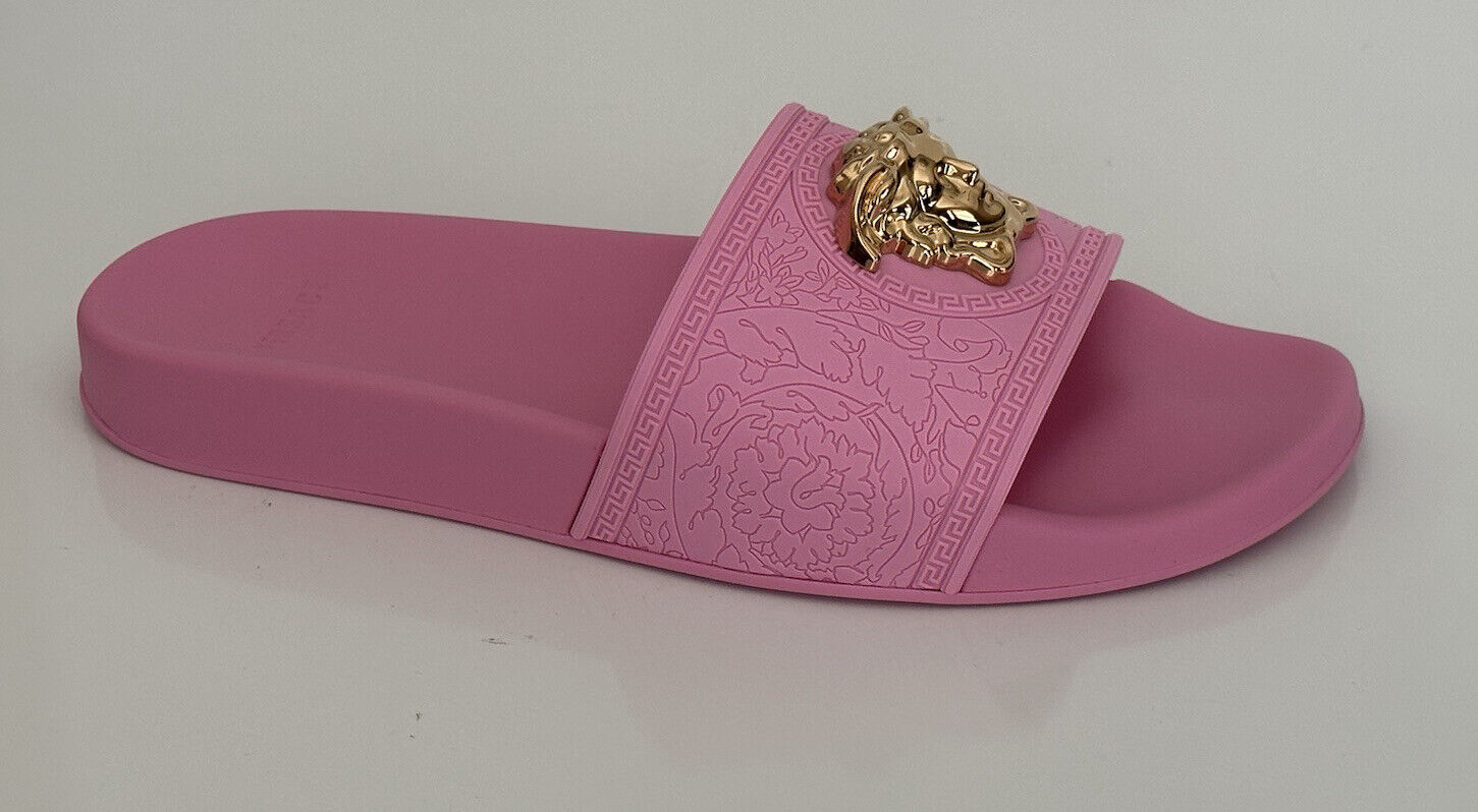 NIB 450 $ Versace Gold Medusa Head Slides Sandalen Flamingo Pink 10,5 40,5 1004190 