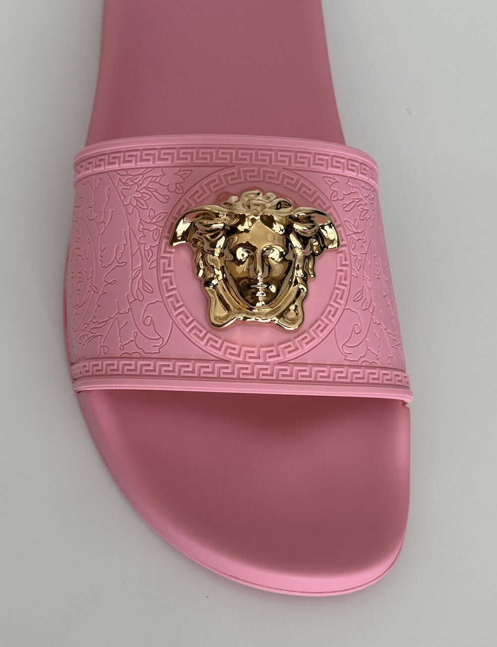 NIB 450 $ Versace Gold Medusa Head Slides Sandalen Flamingo Pink 10,5 40,5 1004190 