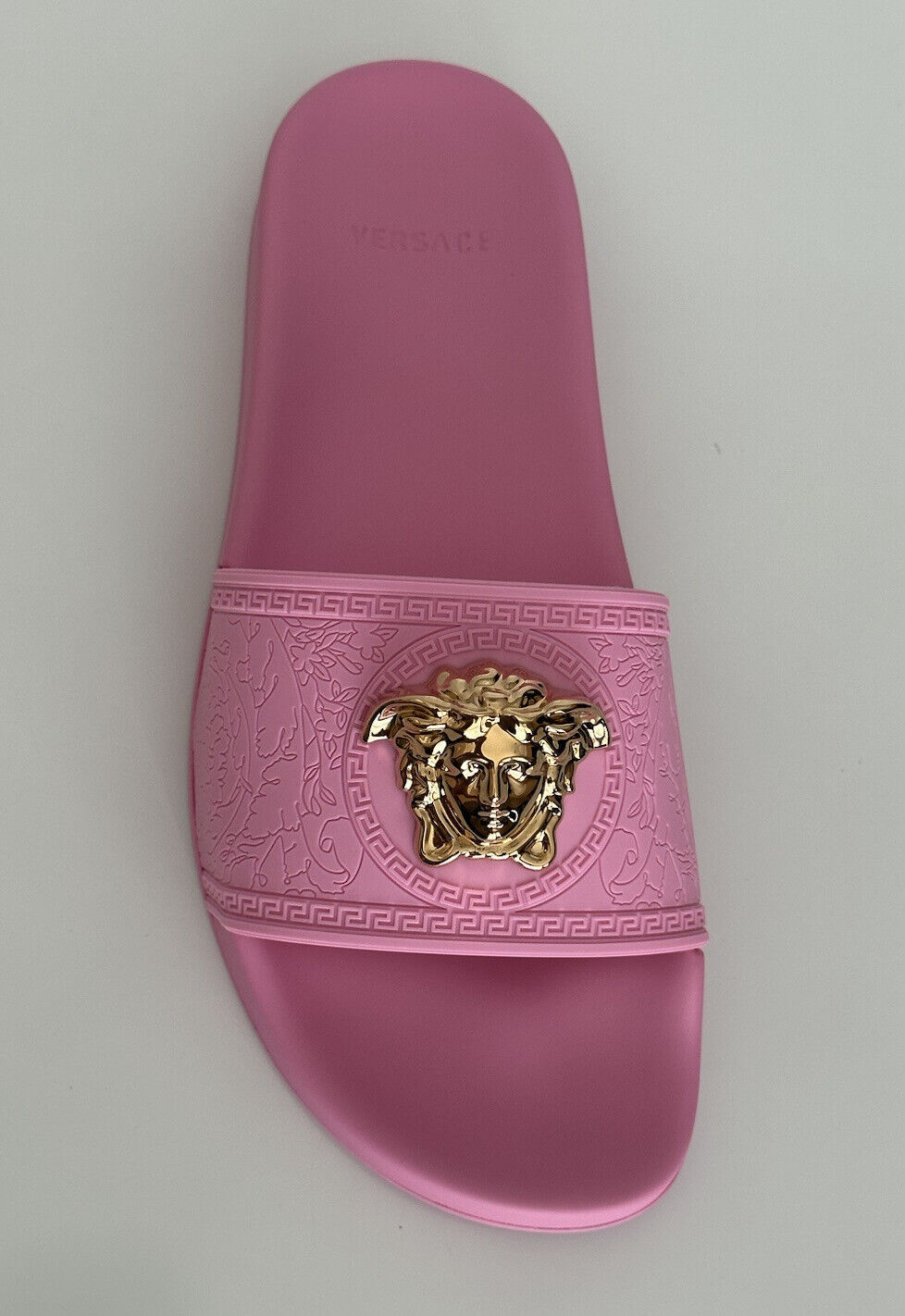 NIB 450 $ Versace Gold Medusa Head Slides Sandalen Flamingo Pink 10,5 40,5 1004190 