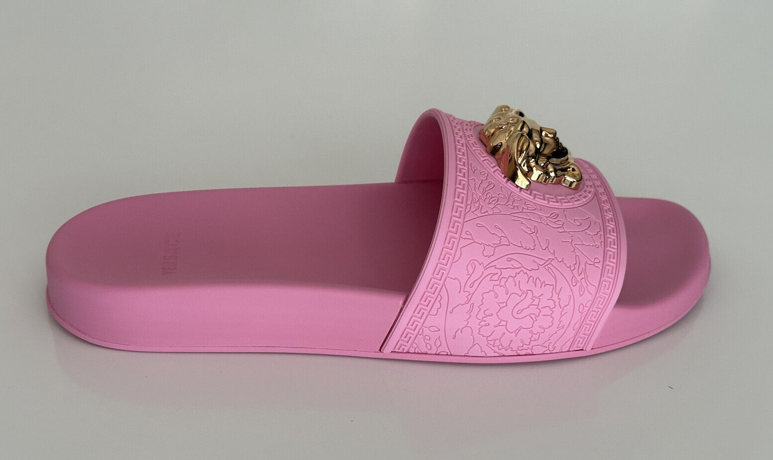 NIB 450 $ Versace Gold Medusa Head Slides Sandalen Flamingo Pink 10,5 40,5 1004190 