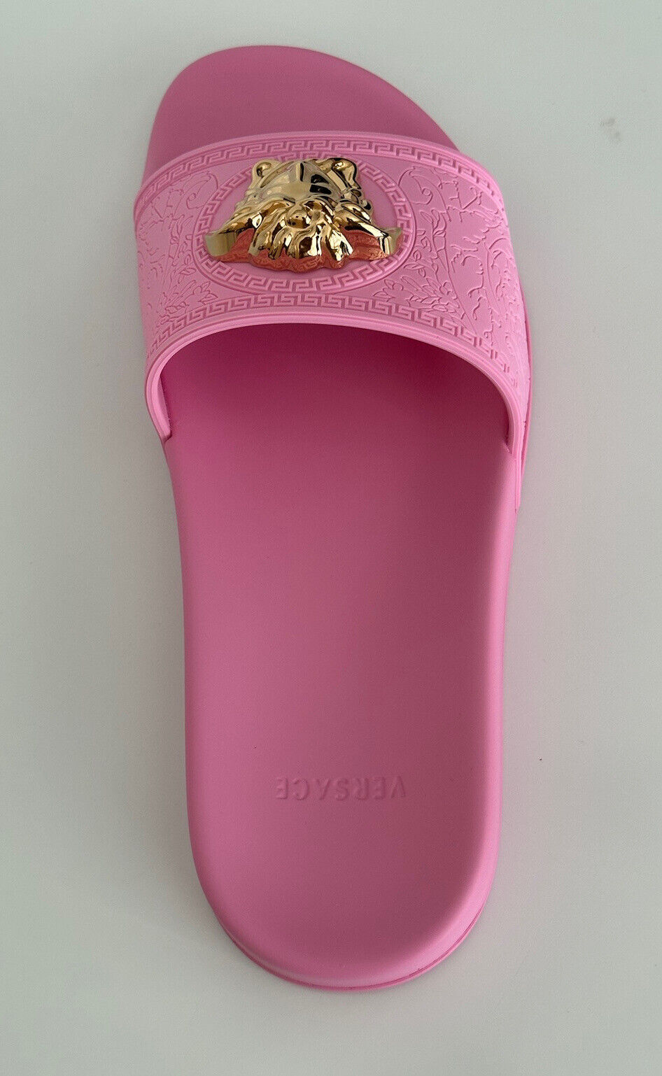 NIB $450 Versace Gold Medusa Head Slides Sandals Flamingo Pink 10.5 40.5 1004190