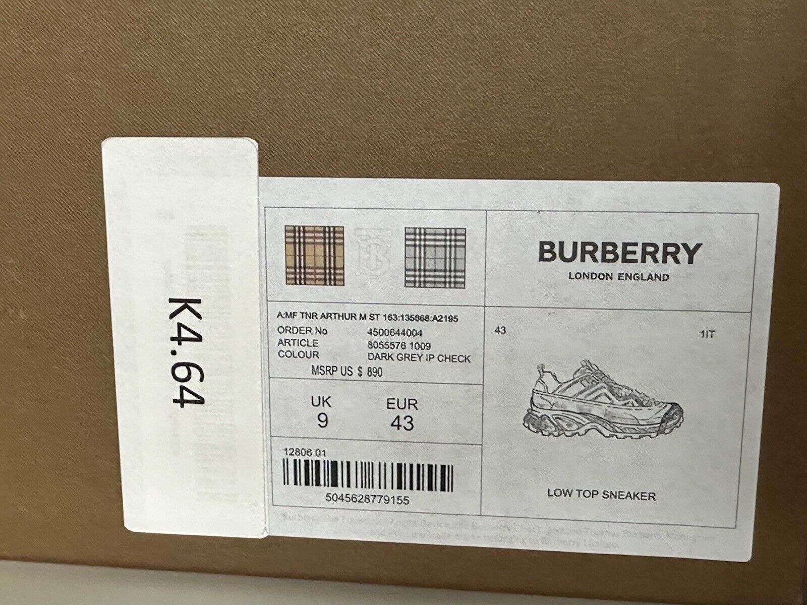 NIB 890 $ Burberry Arthur Herren-Sneaker mit IP-Karomuster in Dunkelgrau 10 US (43) 8055576 IT 