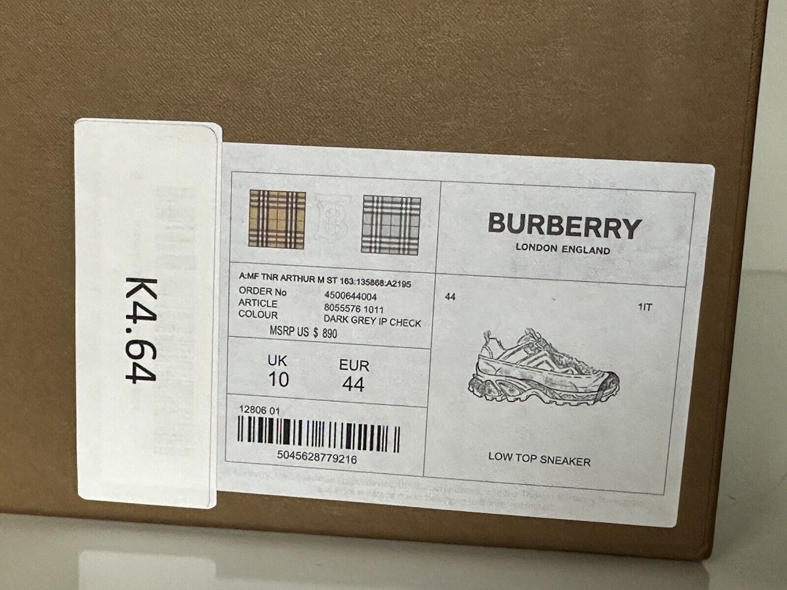 NIB $890 Burberry Arthur Men's Dark Grey IP Check Sneakers 11 US (44) 8055576 IT
