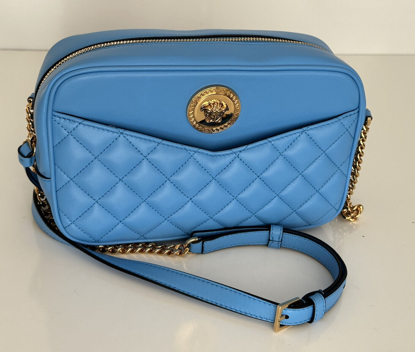 NWT $1275 Versace Quilted Lamb Leather Blue Medium Shoulder Bag 1008828 Italy