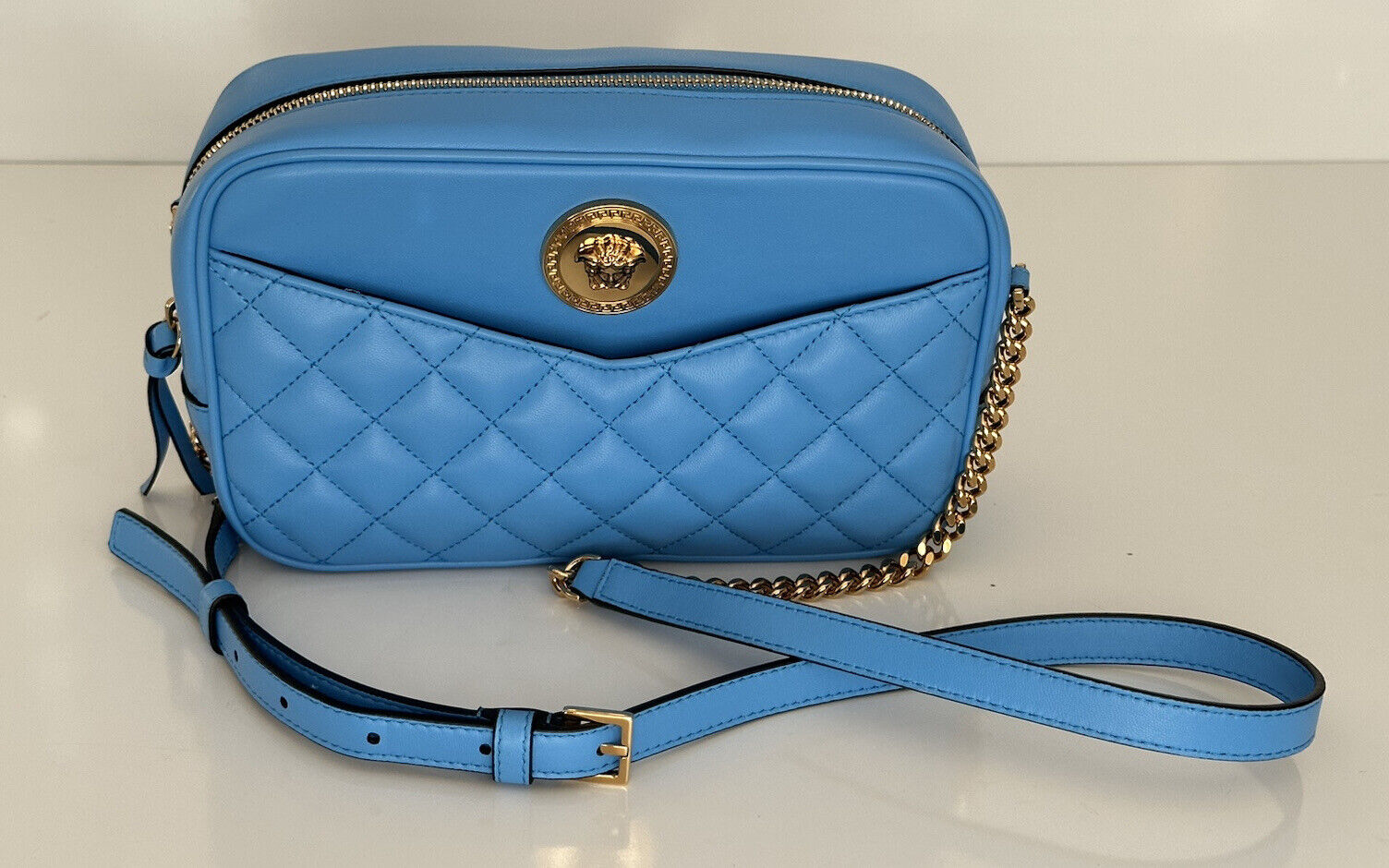 NWT $1275 Versace Стеганая кожаная сумка ягненка, синяя, средняя сумка на плечо 1008828 Италия 