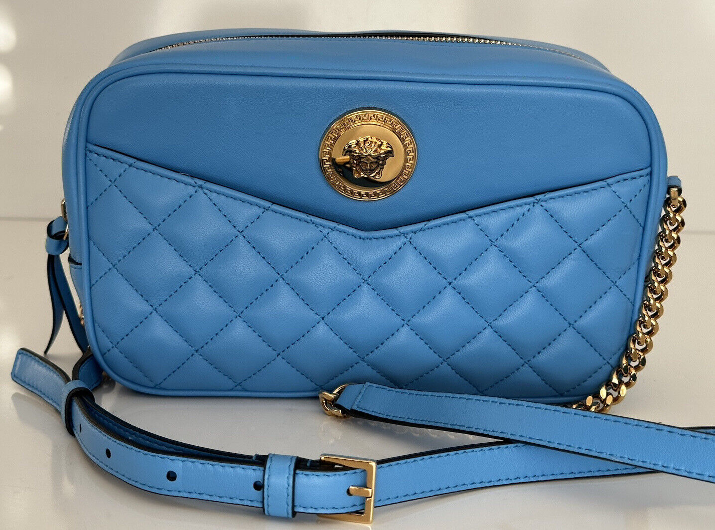 NWT $1275 Versace Quilted Lamb Leather Blue Medium Shoulder Bag 1008828 Italy