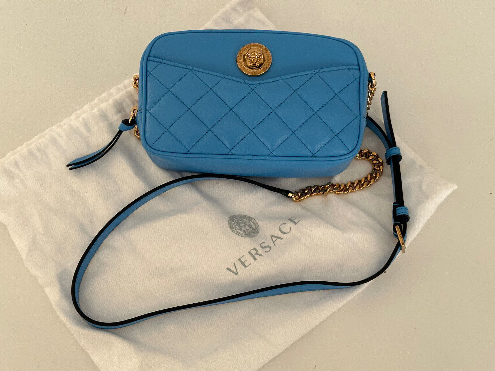 NWT $1195 Versace Quilted Lamb Leather Blue Small Shoulder Bag 1008827 Italy