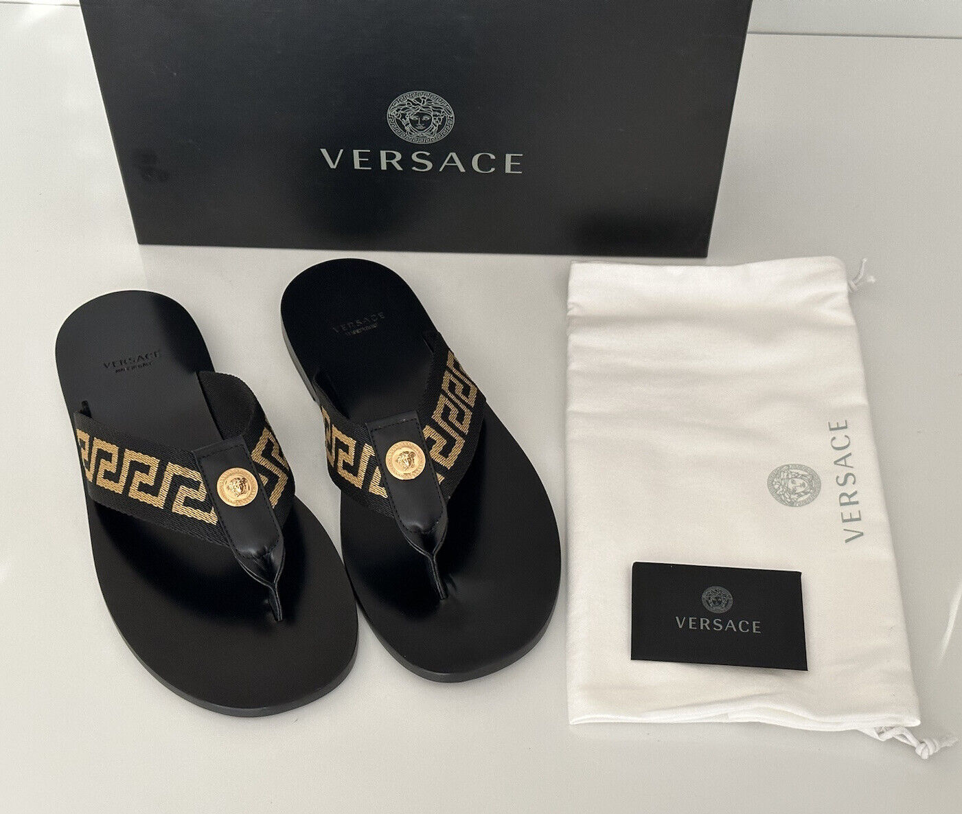 NIB Versace Herren Greca Signature Black Slides Sandalen 12 US (45 Euro) DSU7340 IT 
