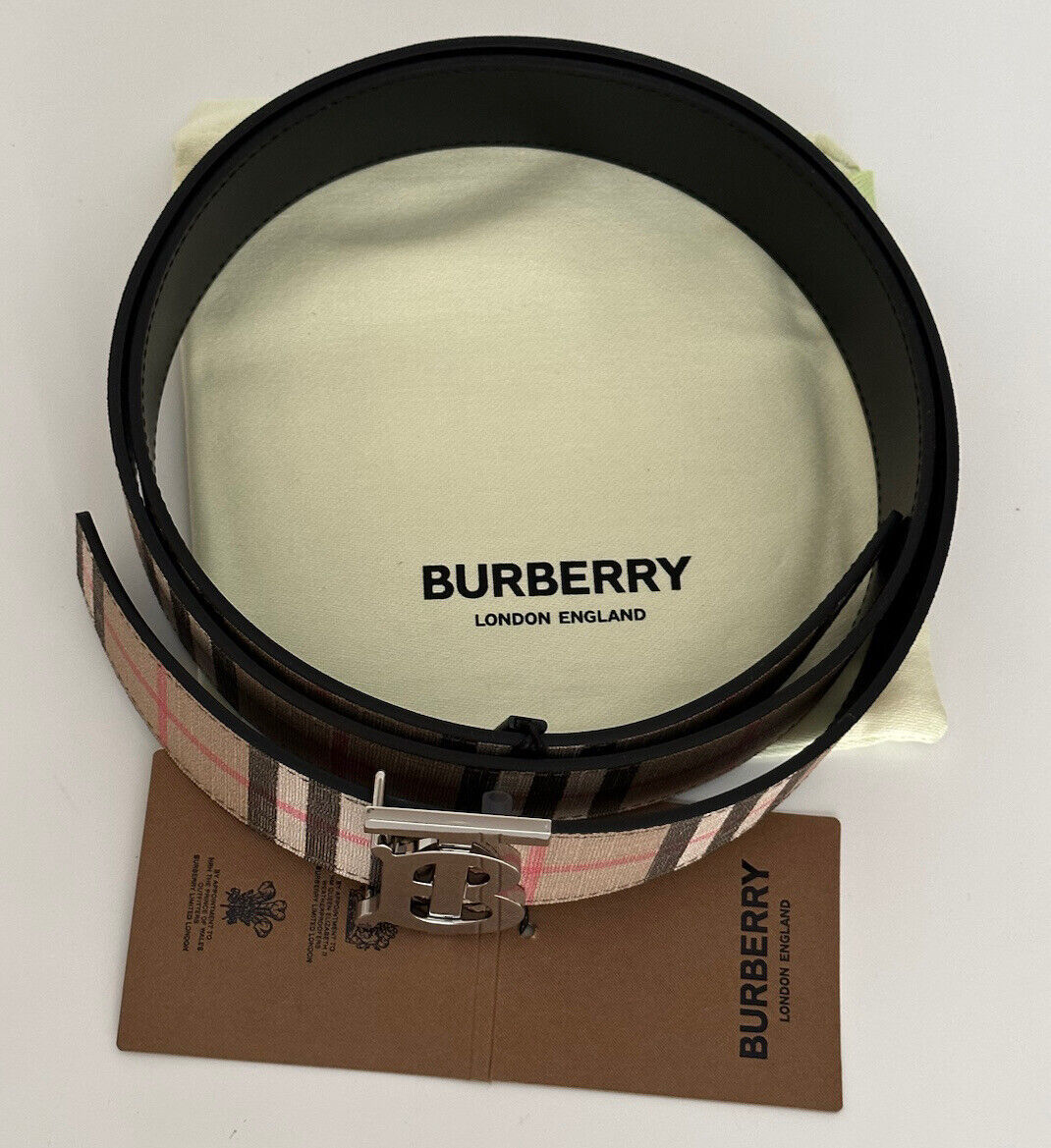 Neu mit Etikett: 580 $ Burberry TB Leather Archive Beige Wendegürtel 40/100 8046568 Italien 