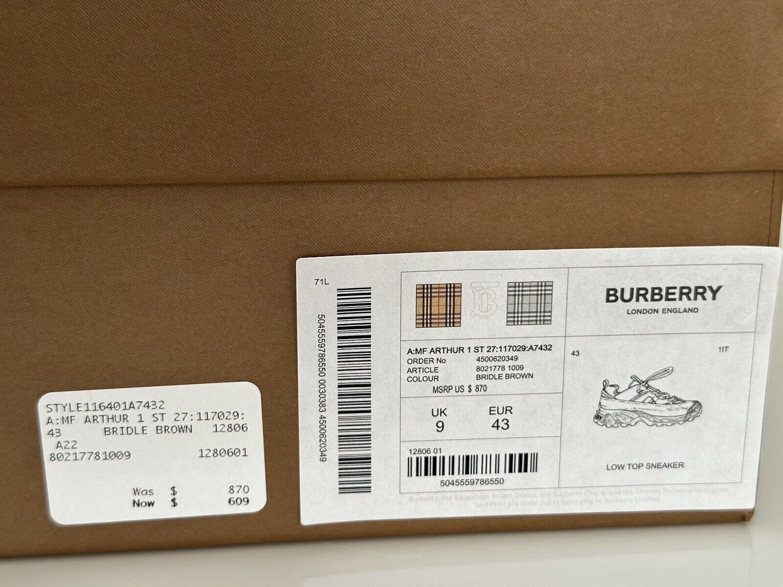 Мужские свадебные коричневые кожаные кроссовки Burberry Arthur за 870 долларов США 10 США (43) 8021778 