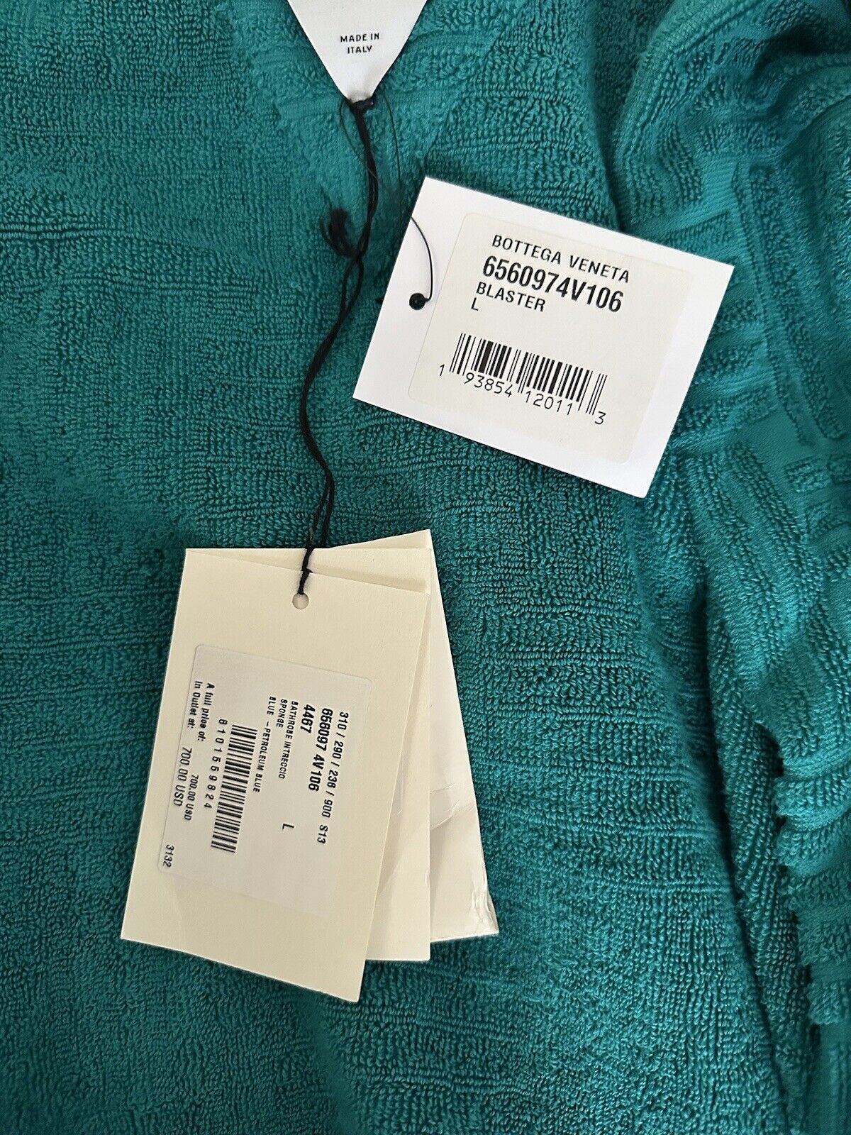 Neu mit Etikett: 700 $ Bottega Veneta Intrecciato Baumwoll-Frottee-Bademantel, Blau, Größe L, 656097 IT