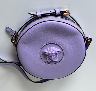 NWT $1295 Versace Круглая сиреневая сумка через плечо из кожи теленка Medusa DBFI050 IT 