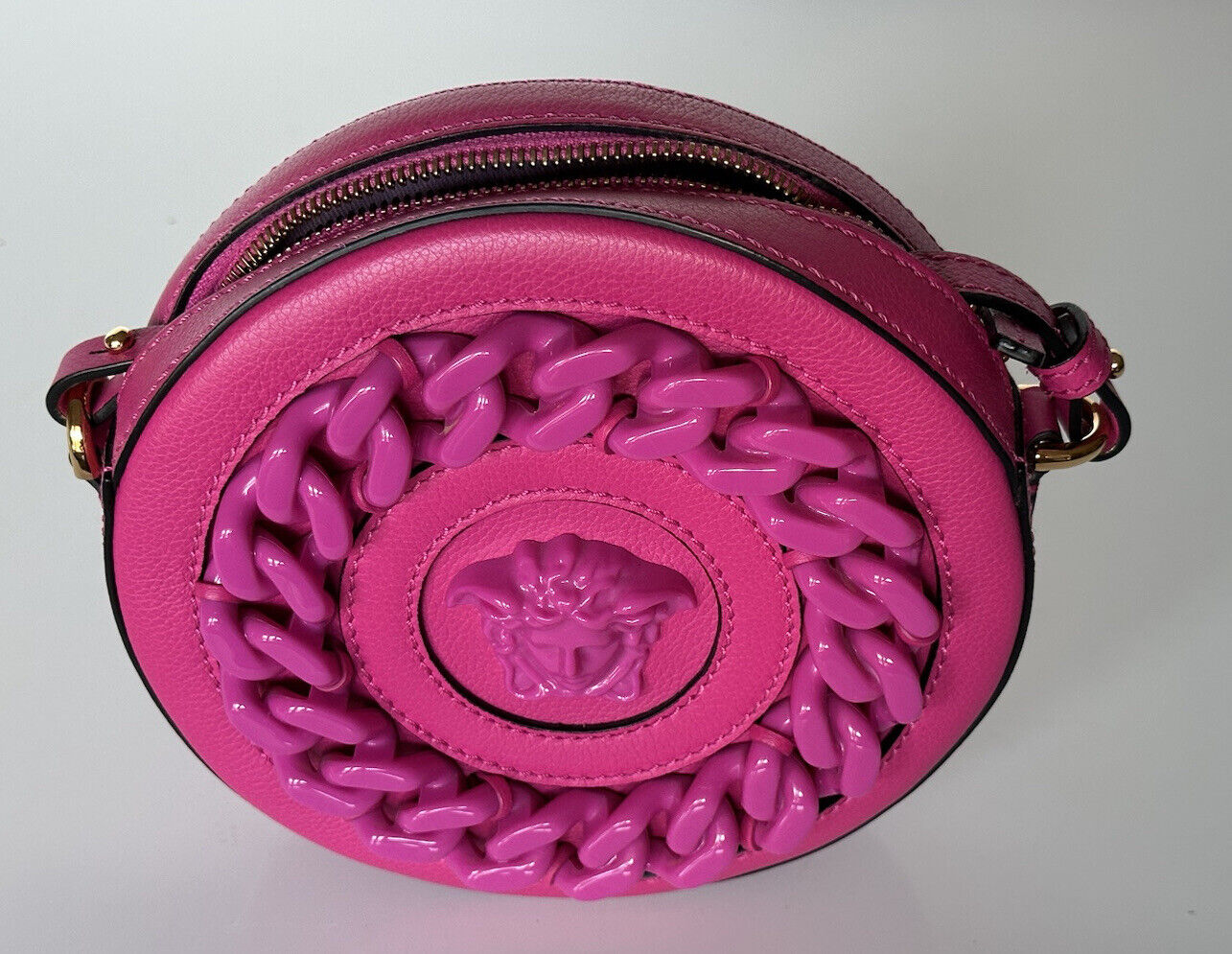 NWT 1695 $ Versace Medusa Head Umhängetasche aus Kalbsleder, rund, Kirsche, DBFI050 IT 
