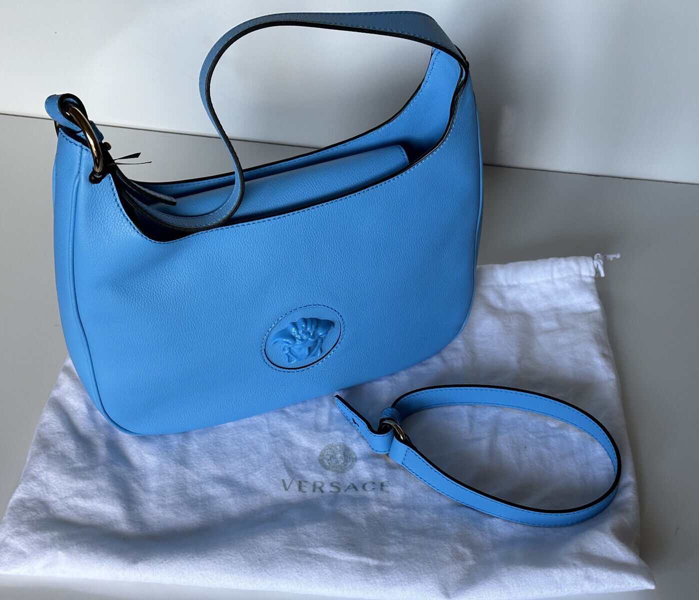 NWT $1875 Versace Medusa Head Calf Leather Blue Medium Hobo Bag 1000699 IT
