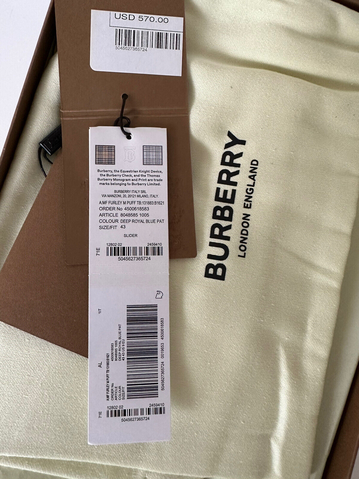 Мужские шлепанцы Burberry Furley Puff TB, синие сандалии NIB, 570 долларов США, 10 США (43) 8048585 